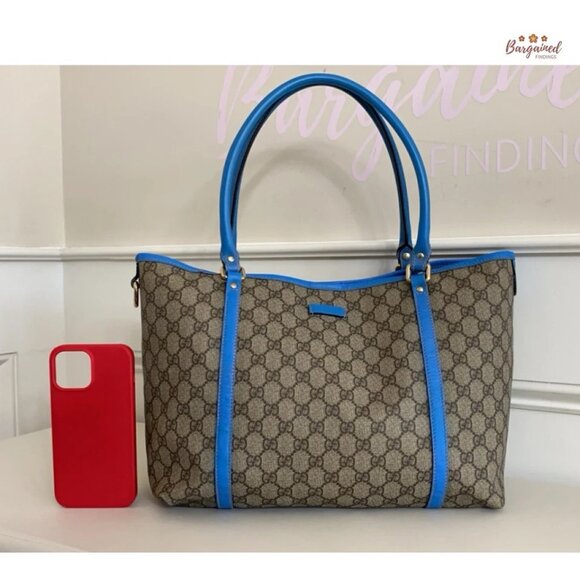 Authentic GUCCI Brown/Blue GG Coated Canvas Joy Medium Tote Bag - Picture 5 of 13